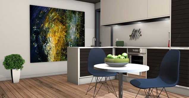 Apartments For Rent in Katy TX, Oak Park Apartments A 3d rendering of a kitchen with a painting on the wall in Oak Park Apartments.