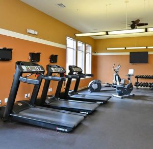 Apartments For Rent in Katy TX, Oak Park Apartments A gym at Oak Park Apartments in Katy, TX with tread machines and a TV