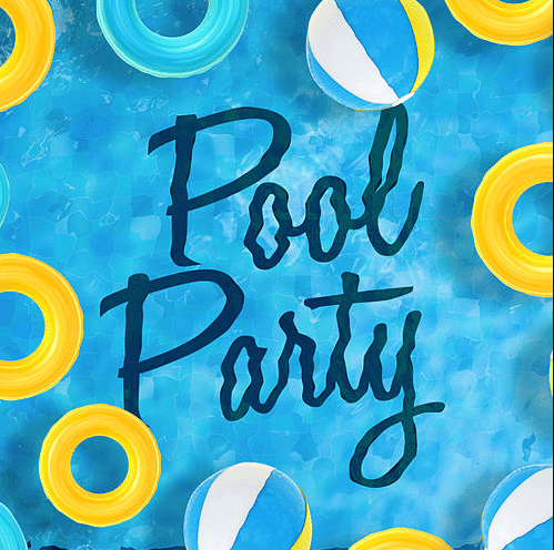 Apartments For Rent in Katy TX, Oak Park Apartments A blue and yellow background with the words pool party at Oak Park Apartments.