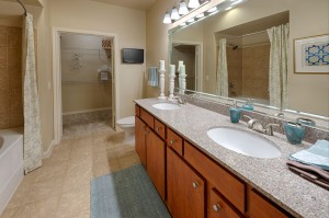 Two Bedroom Apartments for Rent in Katy, TX - Bathroom with Double Sinks, Shower and Walk-in Bedroom Closet 